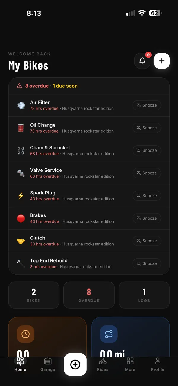MotoLog home screen listing overdue services by engine hours: air filter, oil change, chain and sprocket, valves, spark plug, brakes, clutch and top end
